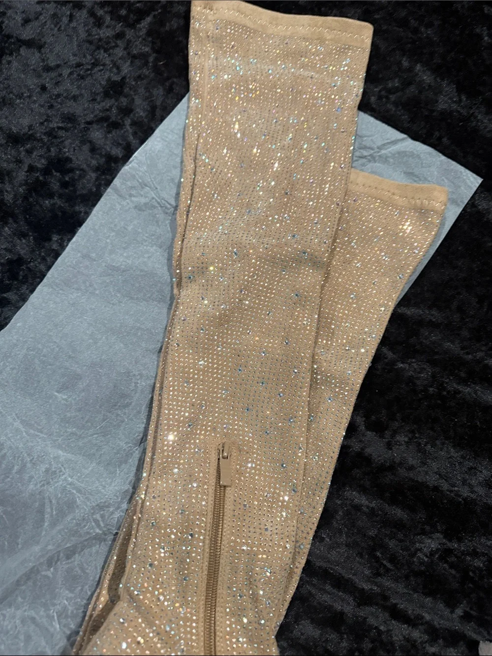 Rhinestone Embellished Over-the-Knee Heeled Boots - Nude